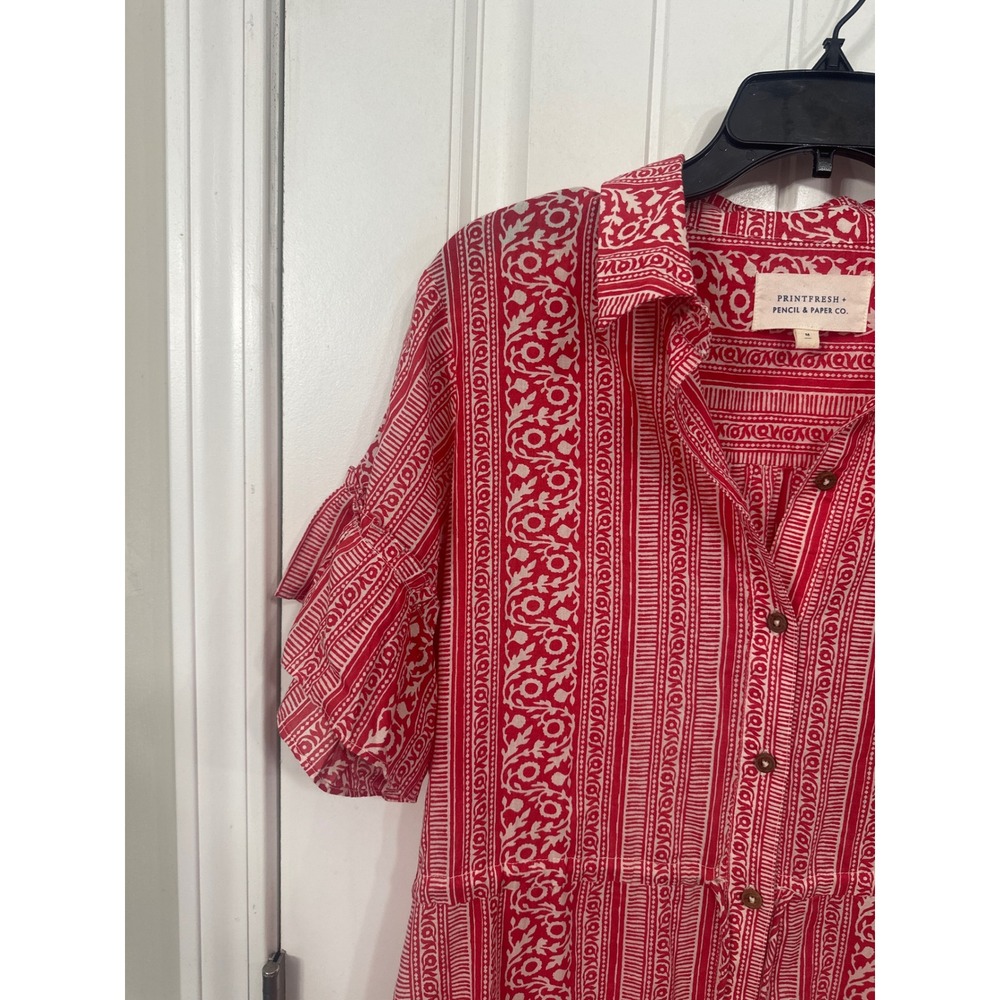 Printfresh x Pencil & Paper Co Red White Block Print Organic Cotton Midi Dress M - Picture 4 of 12